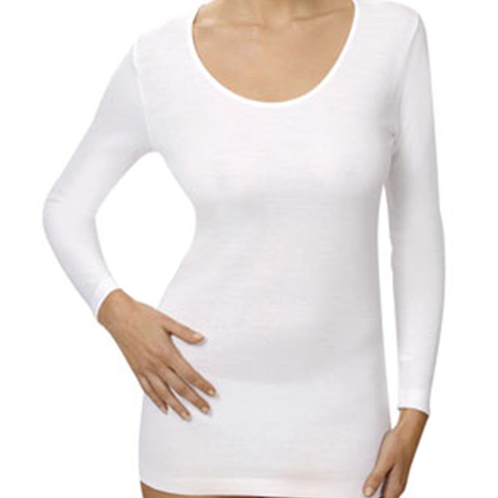 Women's long-sleeved smooth sweater with satin edges in wool and cotton