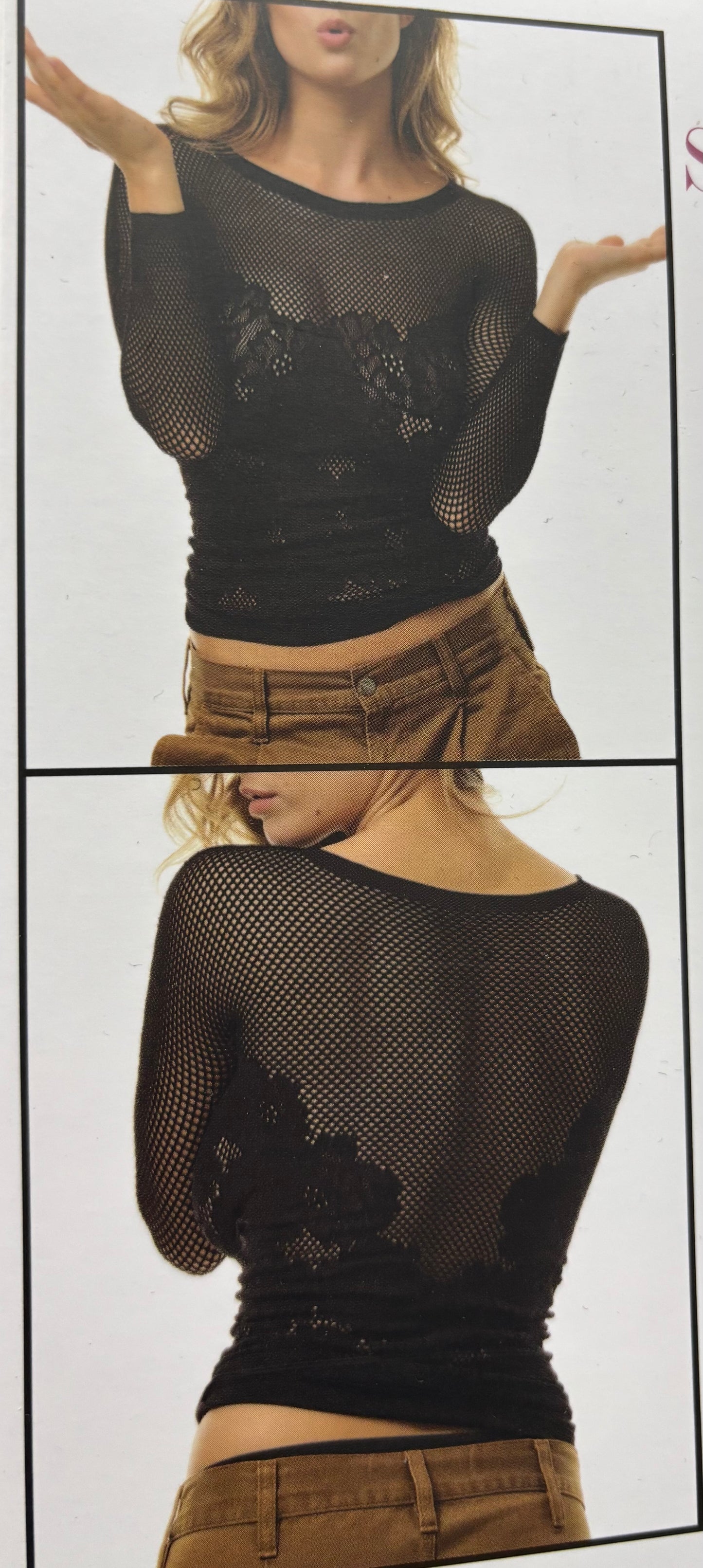 Maglia e body donna manica lunga in pizzo elasticizzato dal disegno floreale e rete - Spiman Segreto Ellinor