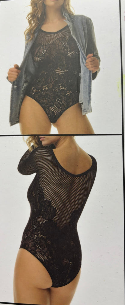 Maglia e body donna manica lunga in pizzo elasticizzato dal disegno floreale e rete - Spiman Segreto Ellinor