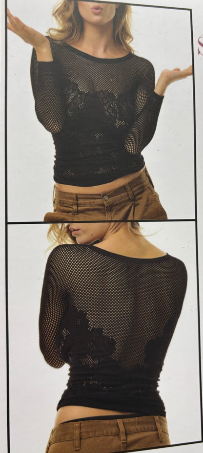 Maglia e body donna manica lunga in pizzo elasticizzato dal disegno floreale e rete - Spiman Segreto Ellinor